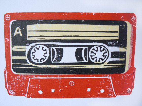 Linocut tapes #16 (cassette tapes, retro music, 70's, 80's rock culture)