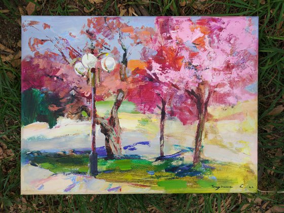 Walk under the cherry blossoms of Uzhgorod. Ukrainian landscape. Original plein air oil painting .