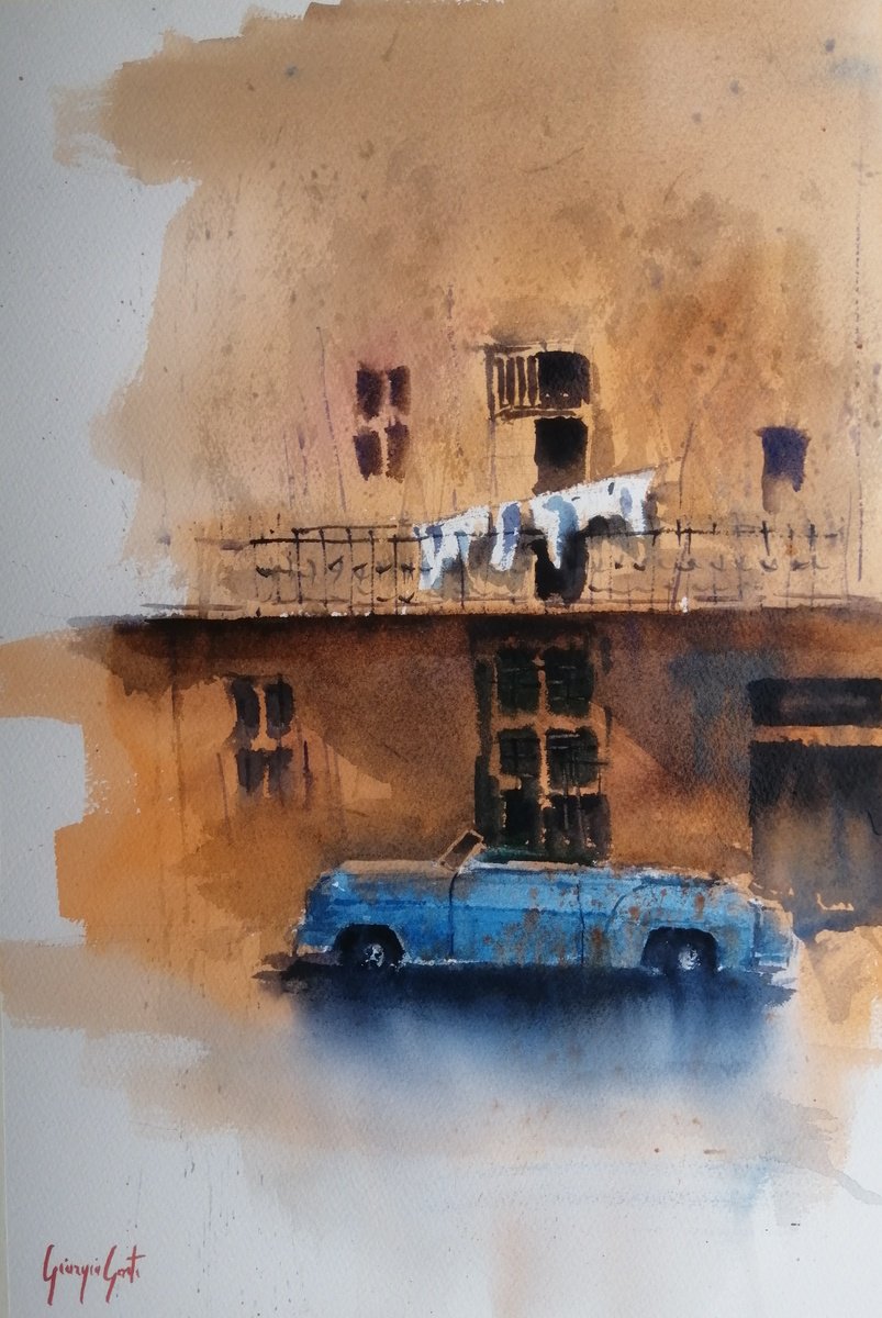 Expressive Cityscapes Watercolour By Giorgio Gosti, 14 X 21, Old Car 5, Original Artwork