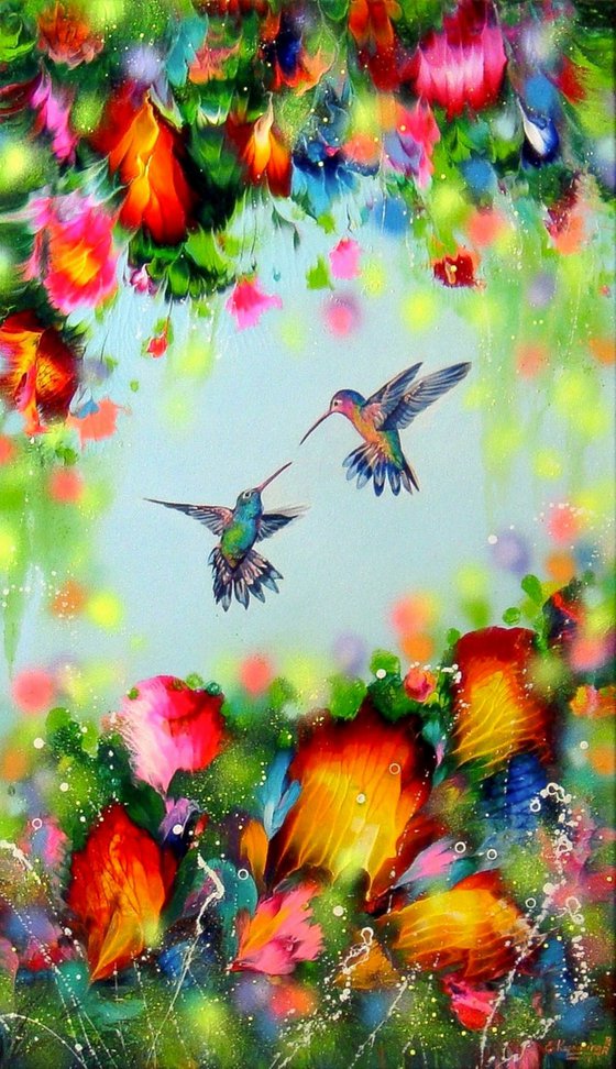 "Hummingbirds and Flowers" LARGE Abstract painting