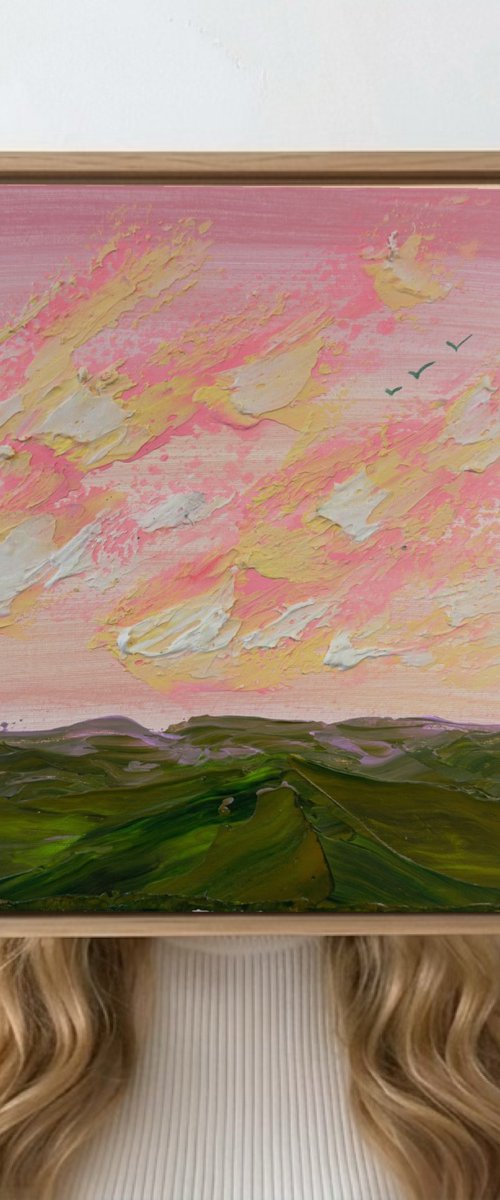 Impressionistic impasto clouds pink green by Marie Antuanelle