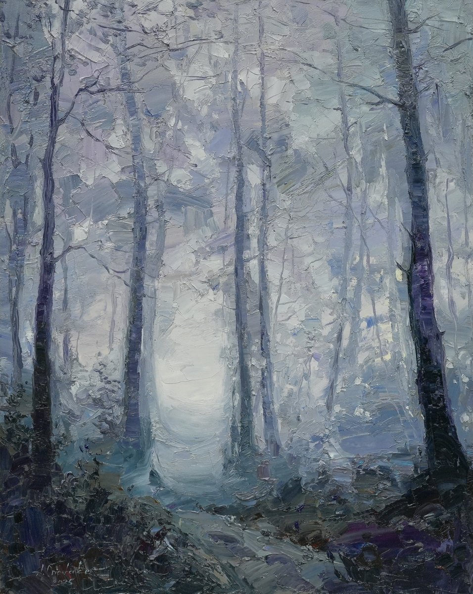 Impressionistic Landscape Oil Painting By Alisa Onipchenko-Cherniakovska, 16 X 20, Forest In The Fog, Original Artwork