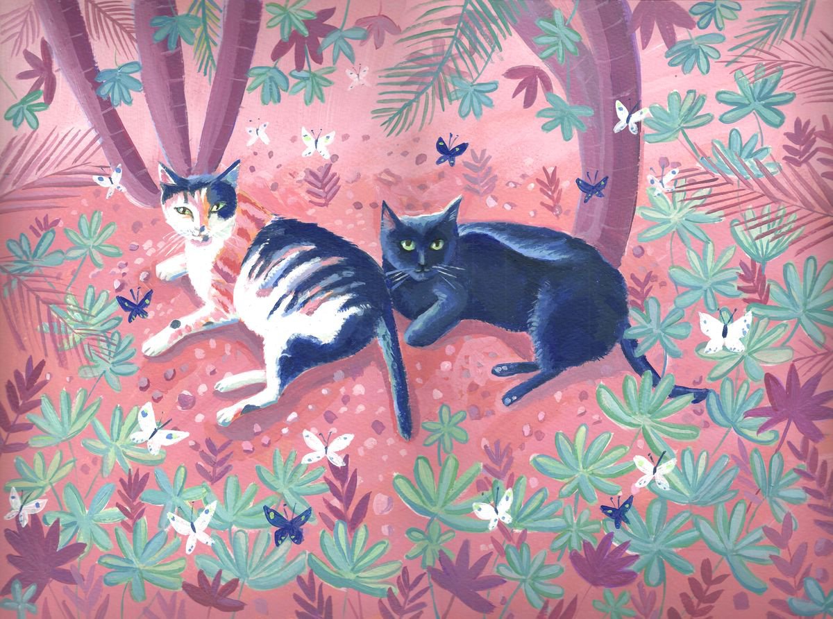 Illustrative Animal Acrylic Painting By Mary Stubberfield, 15 X 11", Garden Cats, Original Artwork