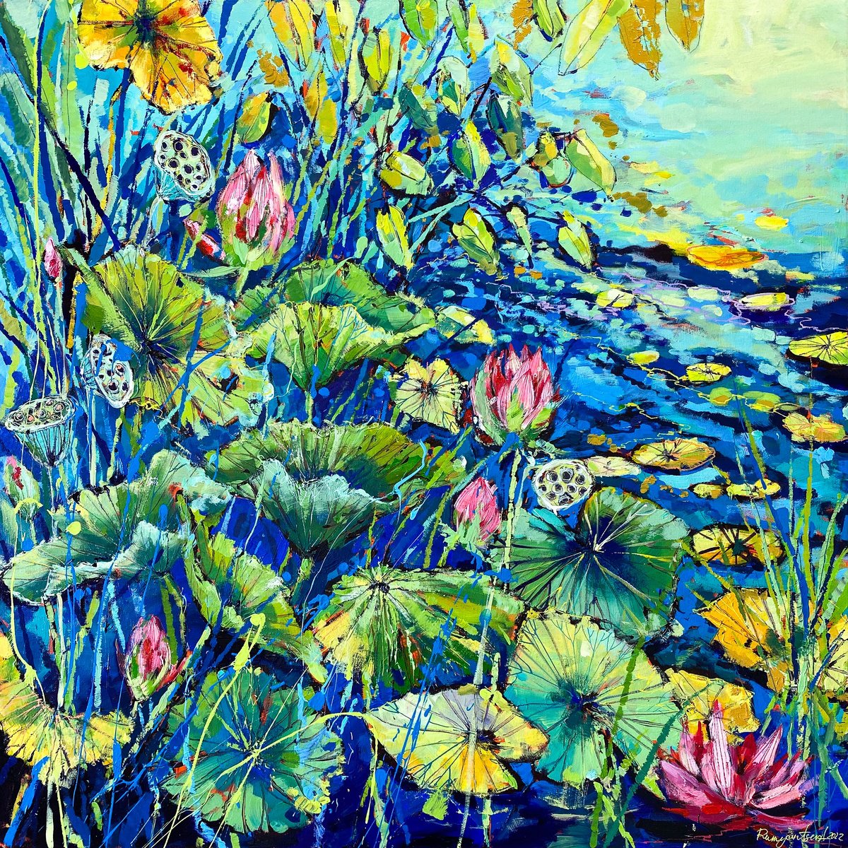 Abstract Botanical Acrylic Painting By Irina Rumyantseva, 39 X 39, Pink Flowers And Water Lilies, Original Artwork