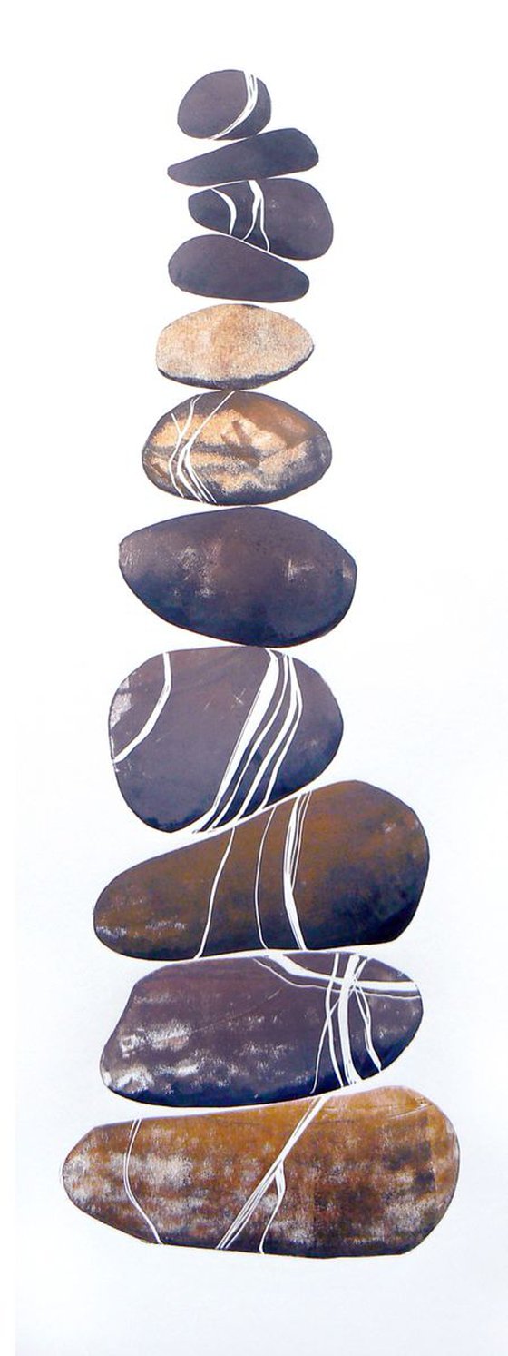 Zen stones - Eleven stones #2 (banded balancing stones lino/monoprint)