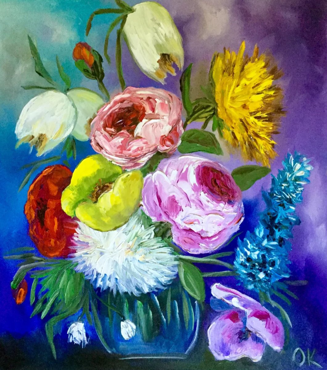 Impressionistic Botanical Oil Painting By Olga Koval, 18 X 20", Summer Flowers, Original Artwork