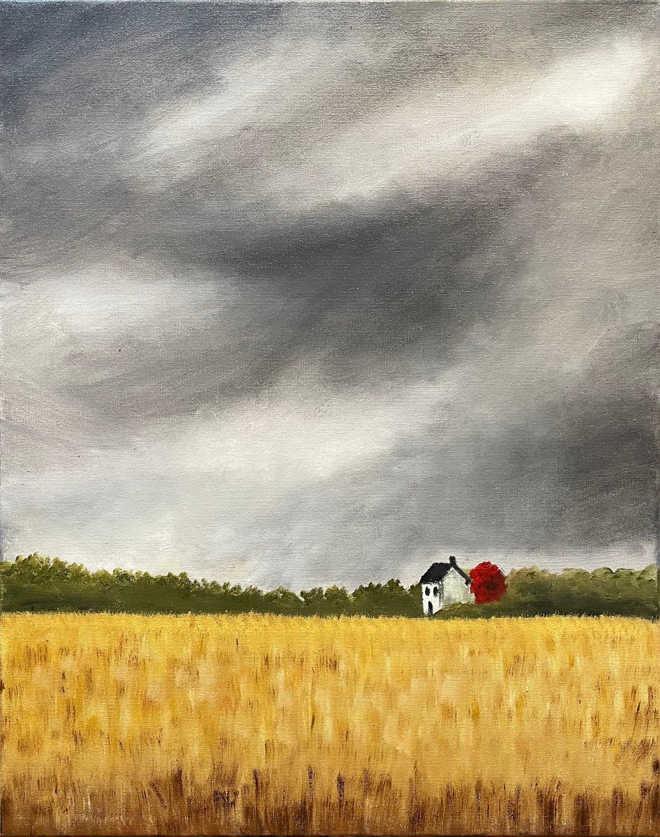 Impressionistic Landscape Oil Painting By Aisha Haider, 16 X 20, Dark Cloudy Skies, Original Artwork