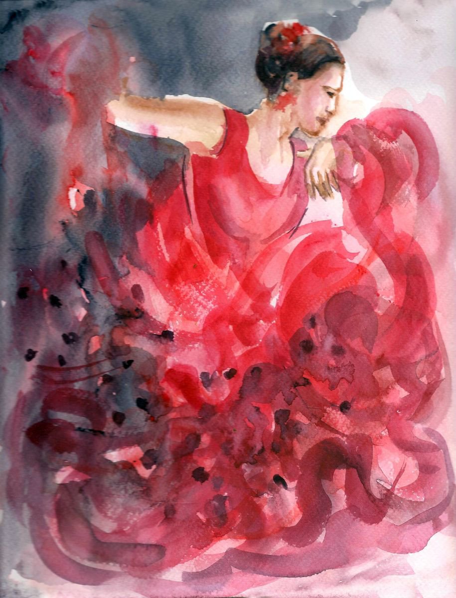 Flamenco Dancer Flamenco Frenzy 5 Watercolor (9x 12 ) by Asha Shenoy