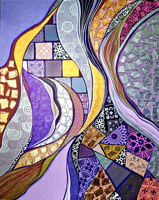 Colorful large abstract painting. Purple lilac silver gold Oriental wall art