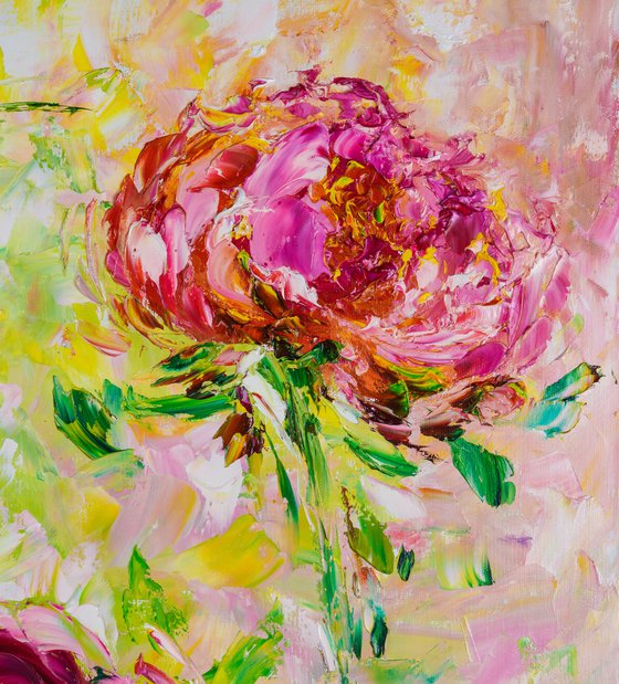 WINDOW TO THE GARDEN - Peonies. Diptych. Pink peony. Chrysanthemums. White. Voluminous bud. Macro style. two paintings. Flower set.