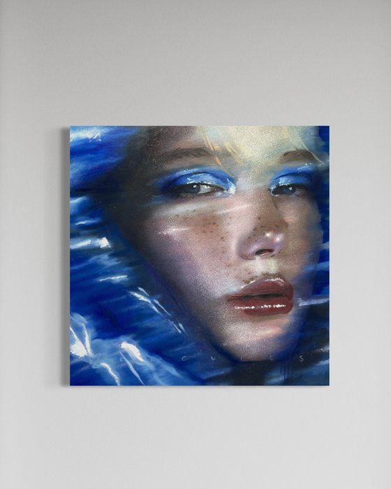 Trough the rain | blue oil painting on canvas woman portrait