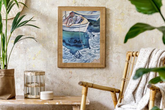 Fishing boat and reflection - original seascape watercolor artwork