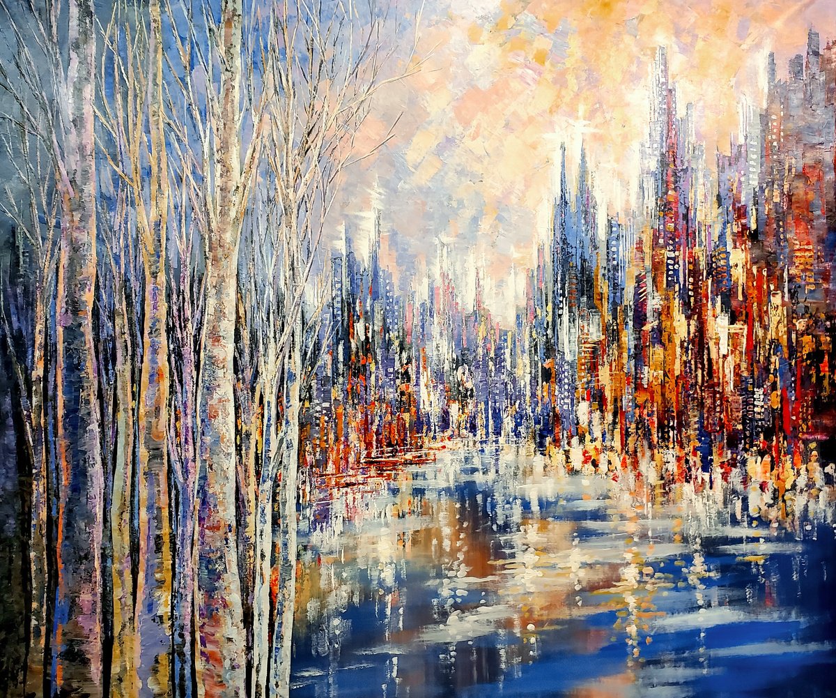 Impressionistic Cityscapes Acrylic Painting By Tatiana Iliina, 58 X 49", Towers By The Timber, Original Artwork