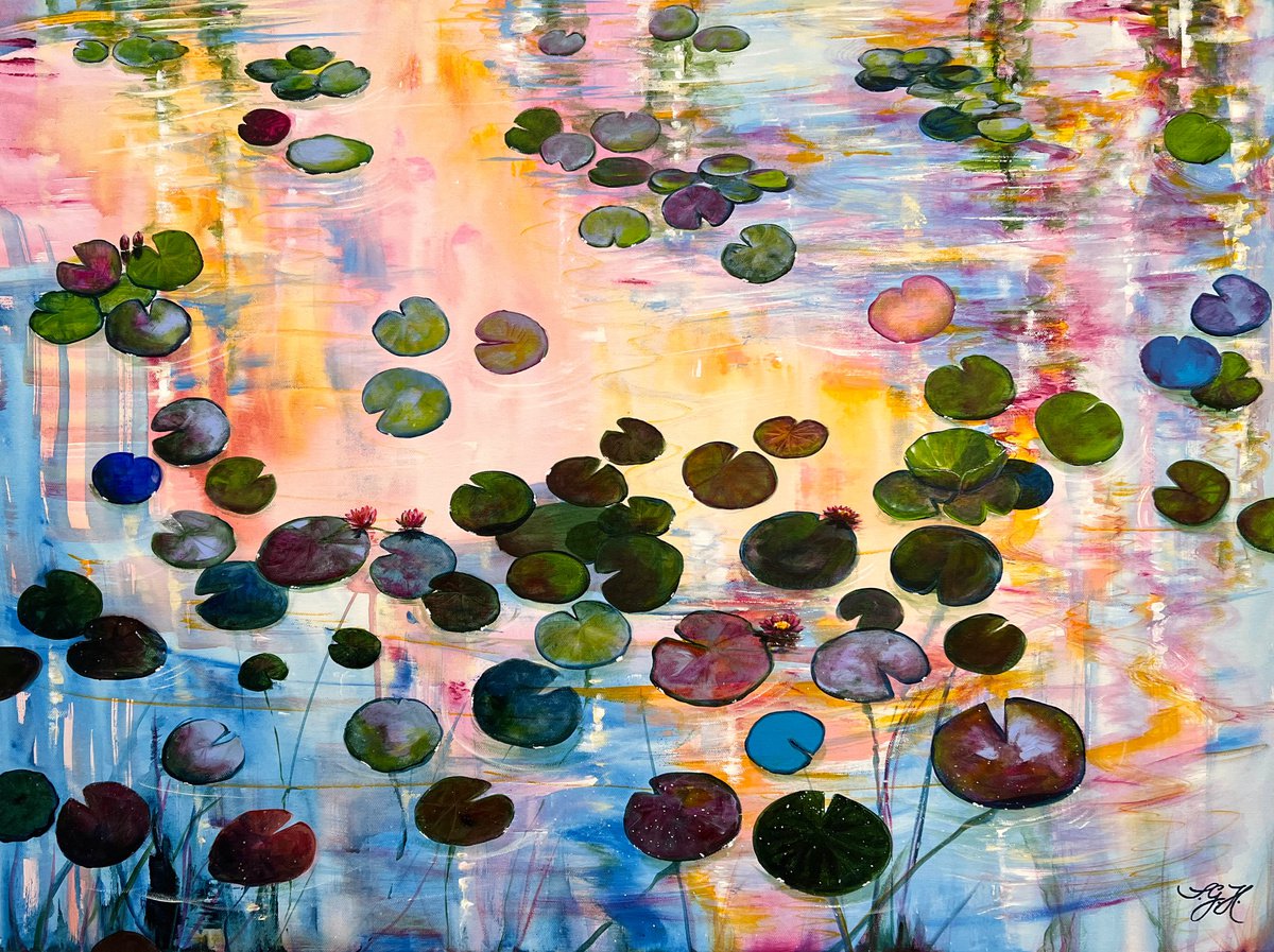 Impressionistic Landscape Acrylic Painting By Sandra Gebhardt-Hoepfner, 31 X 24", Water Lilies At Sunset 8, Original Artwork