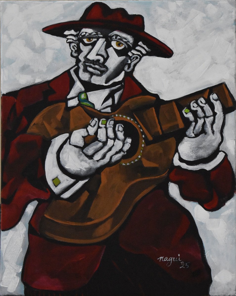 Expressive Portrait Acrylic Painting By Nagui, 16 X 20", Guitarist 525A, Original Artwork