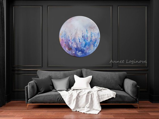 Lavender flowers on round canvas, Lilac flowers painting