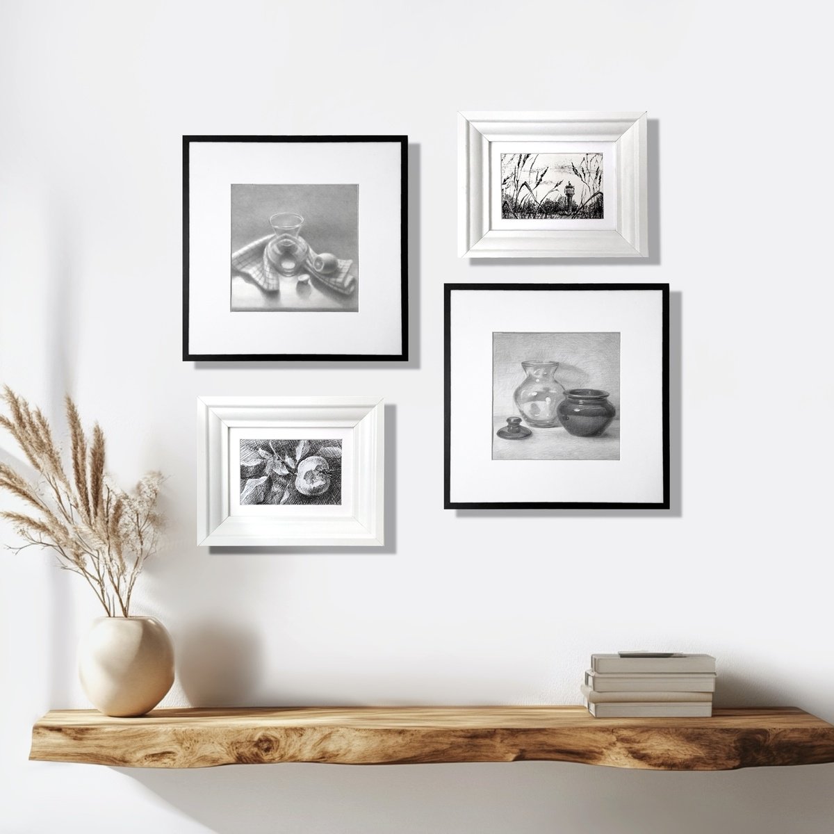 Still Life Ink Drawing By Alena Post, 22 X 22, Countryside Drawings Framed, Original Artwork