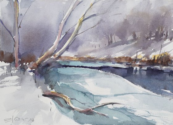 Snowscape with frozen river