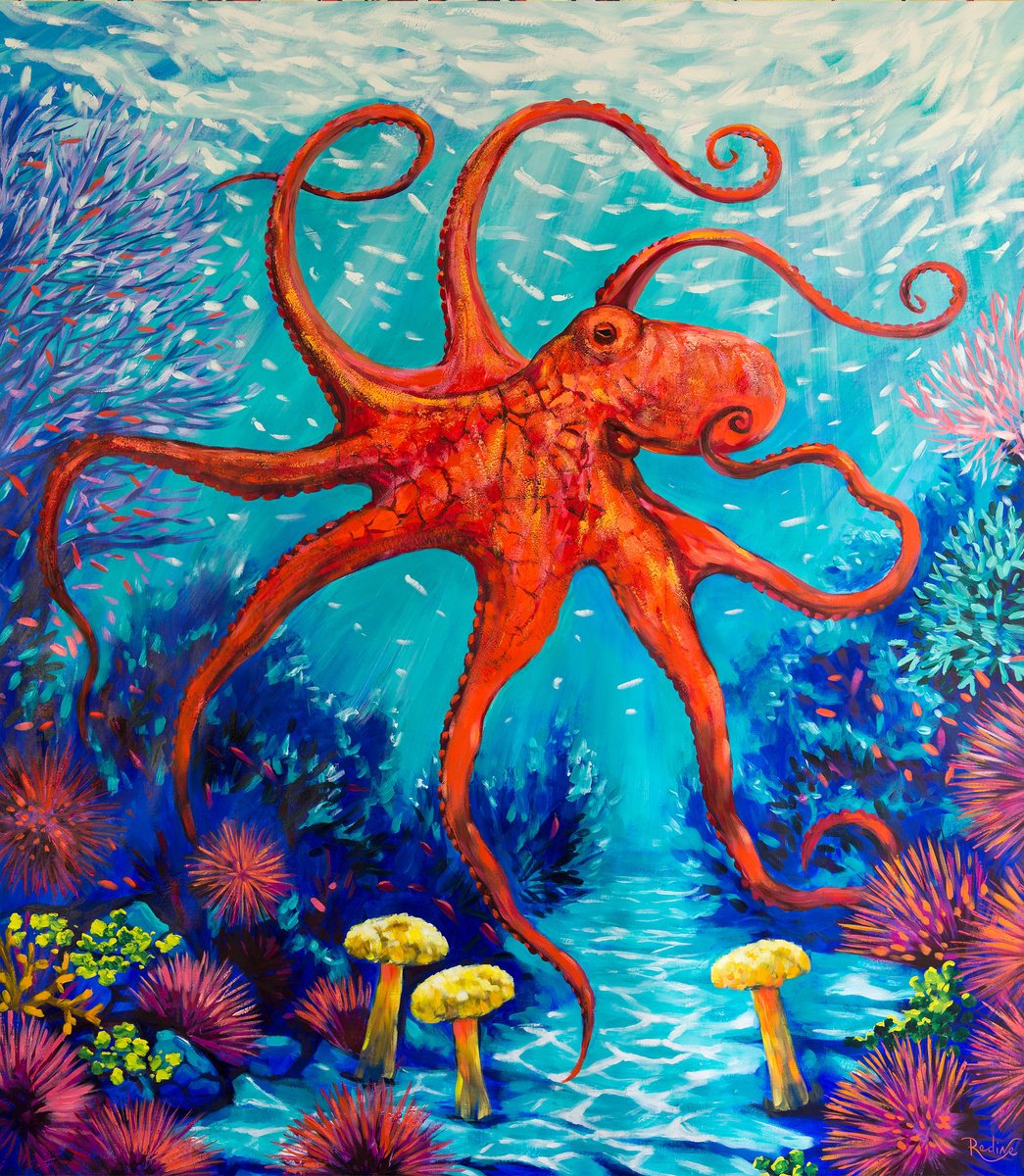 Impressionistic Animal Acrylic Painting By Irina Redine, 56 X 64, Octopus, Original Artwork
