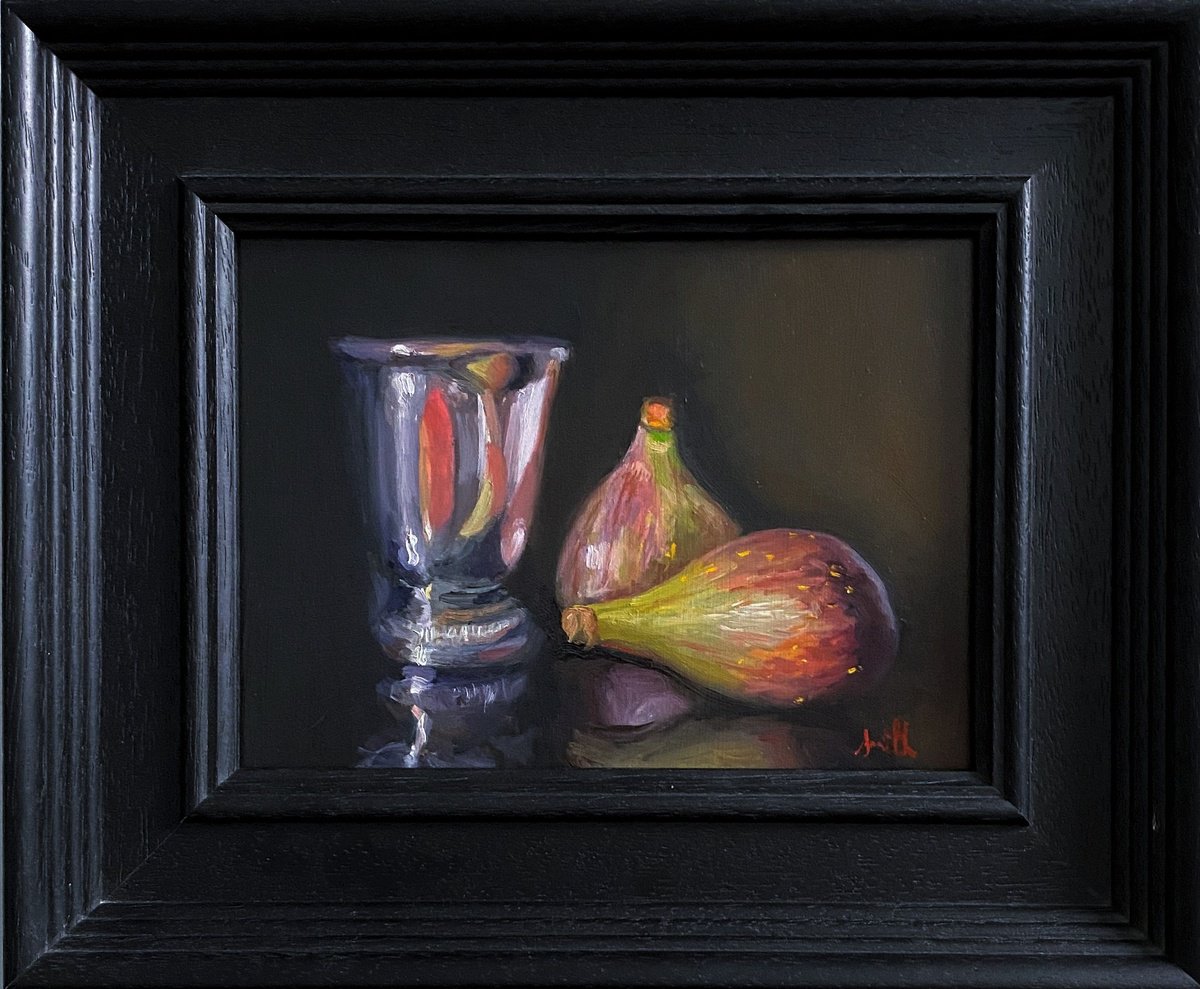 Figs & Silver Pot Still Life original oil realism painting, with wooden frame. by Jackie Smith