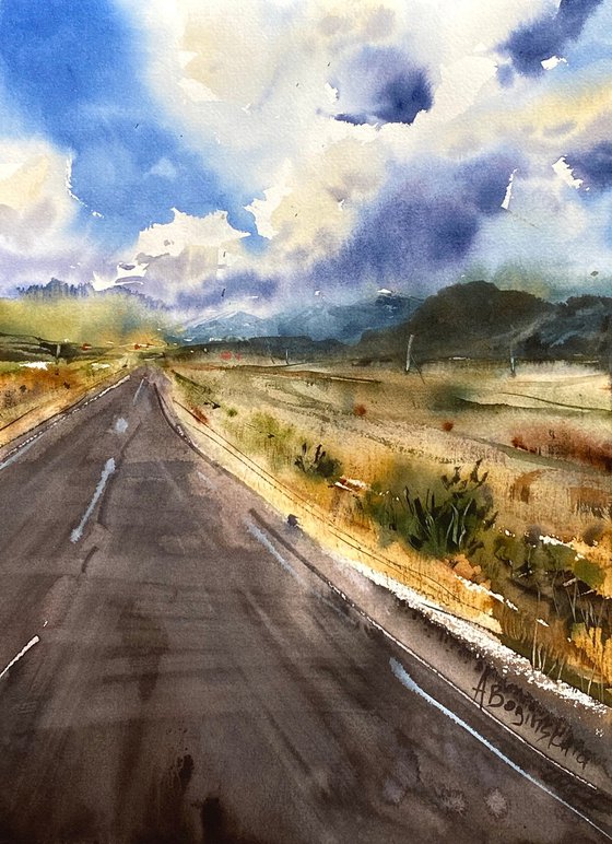 Landscape with the road - original watercolor