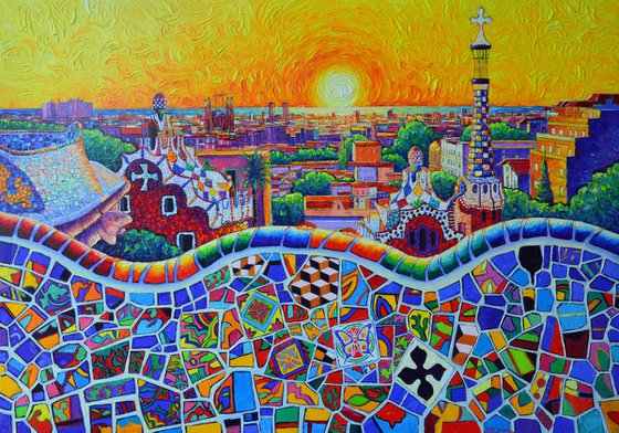 BARCELONA PARK GUELL MAGICAL SUNRISE textural impressionist impasto palette knife oil painting 100 X 70 cm 40 x 28 inches by Ana Maria Edulescu contemporary art city urban
