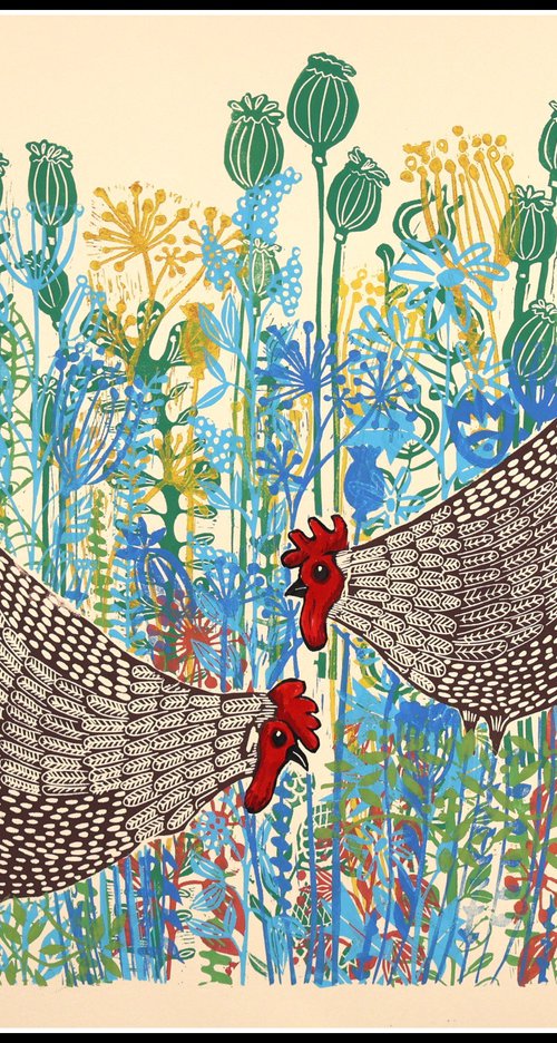 Hens in the yard by Mariann Johansen-Ellis