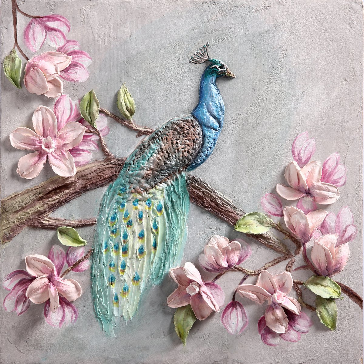 PEACOCK * Sculpture painting * Plaster * Palette knife * Original painting by Evgenia Ermilova