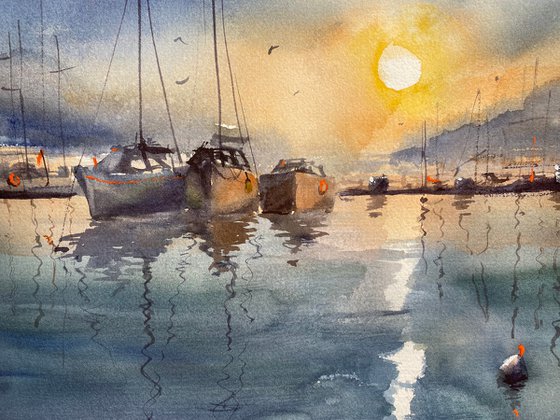 Boats at Sunset - original seascape watercolor
