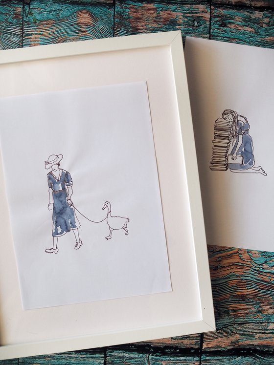 Set of 2 sketches with people - book lover girl and woman with goose