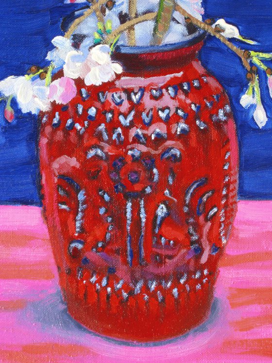 Flowering Cherry in a Red Vase