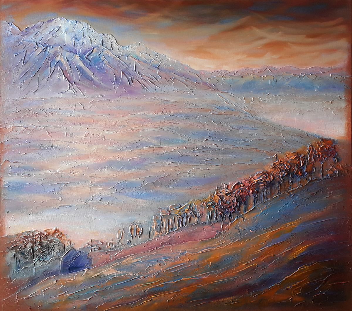 Impressionistic Landscape Oil Painting By Mary Voloshyna, 35 X 31", Between The Mountains, Original Artwork