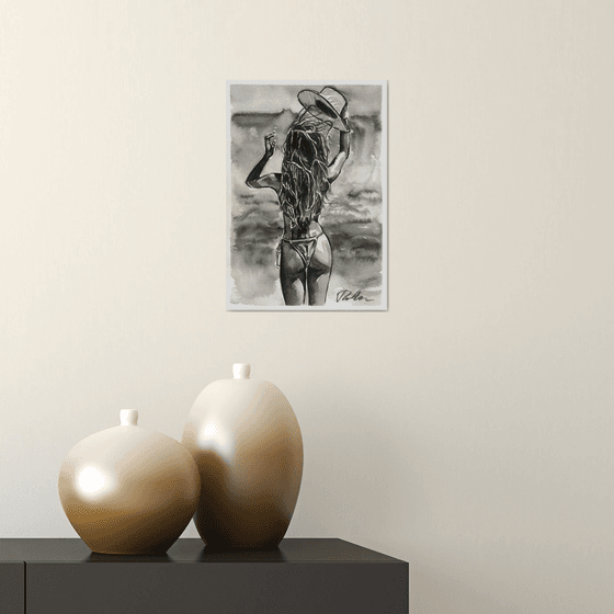 Girl, Sea, Bonnet and Wind