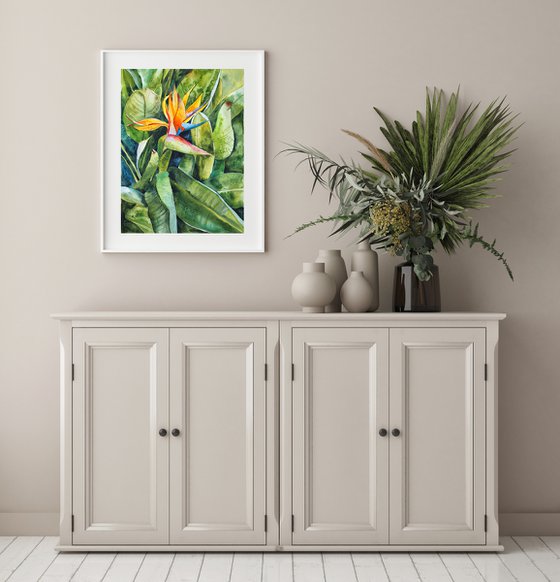 Tropical strelitzia - original green sunny watercolor flower and leaves
