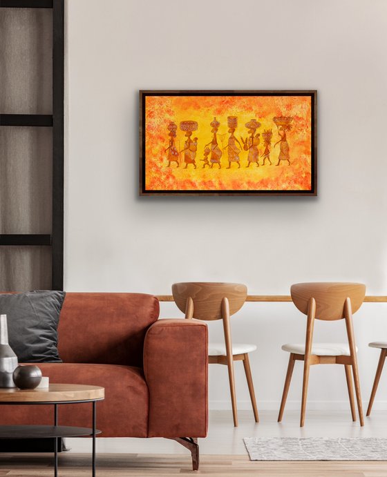 People oil painting - African women with children -  Long artwork in frame for living room (2020)