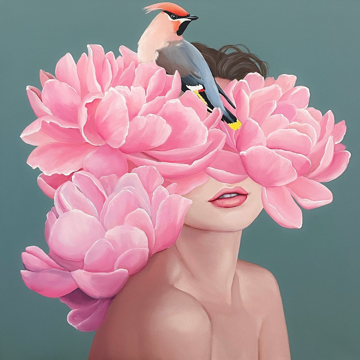 Portrait Acrylic Painting By Elina Zelena, 24 X 24, Girl And Waxwing, Original Artwork