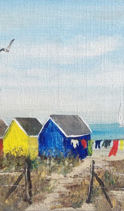 Beach huts on a mini canvas by Marja Brown