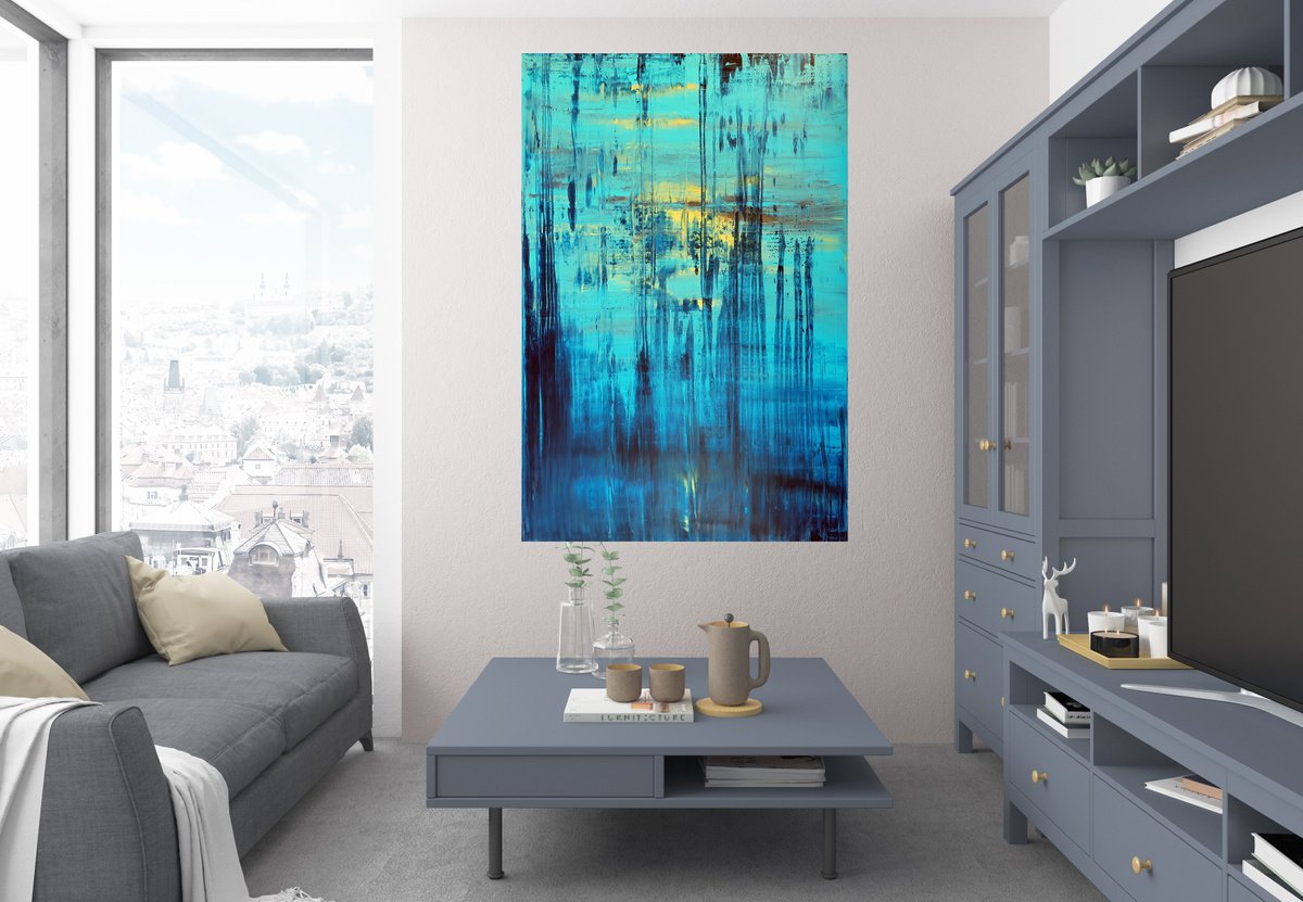 Drawning Sun - XL turquoise blue abstract painting by Ivana Olbricht