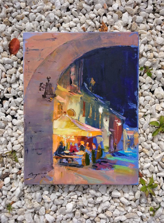 Cafe of the old city Bardejov . Slovakia . Original plain air oil painting