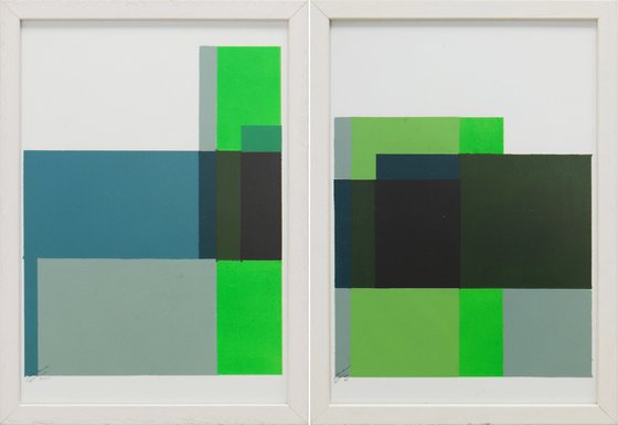 Diptych - Art on Paper - Incl Frame - Cubistic Modern Green - 27A