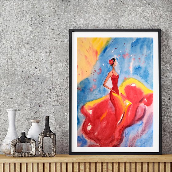 Flamenco Painting Dance Original Art Spanish Dancer Original Watercolor Artwork 12 by 17 inches