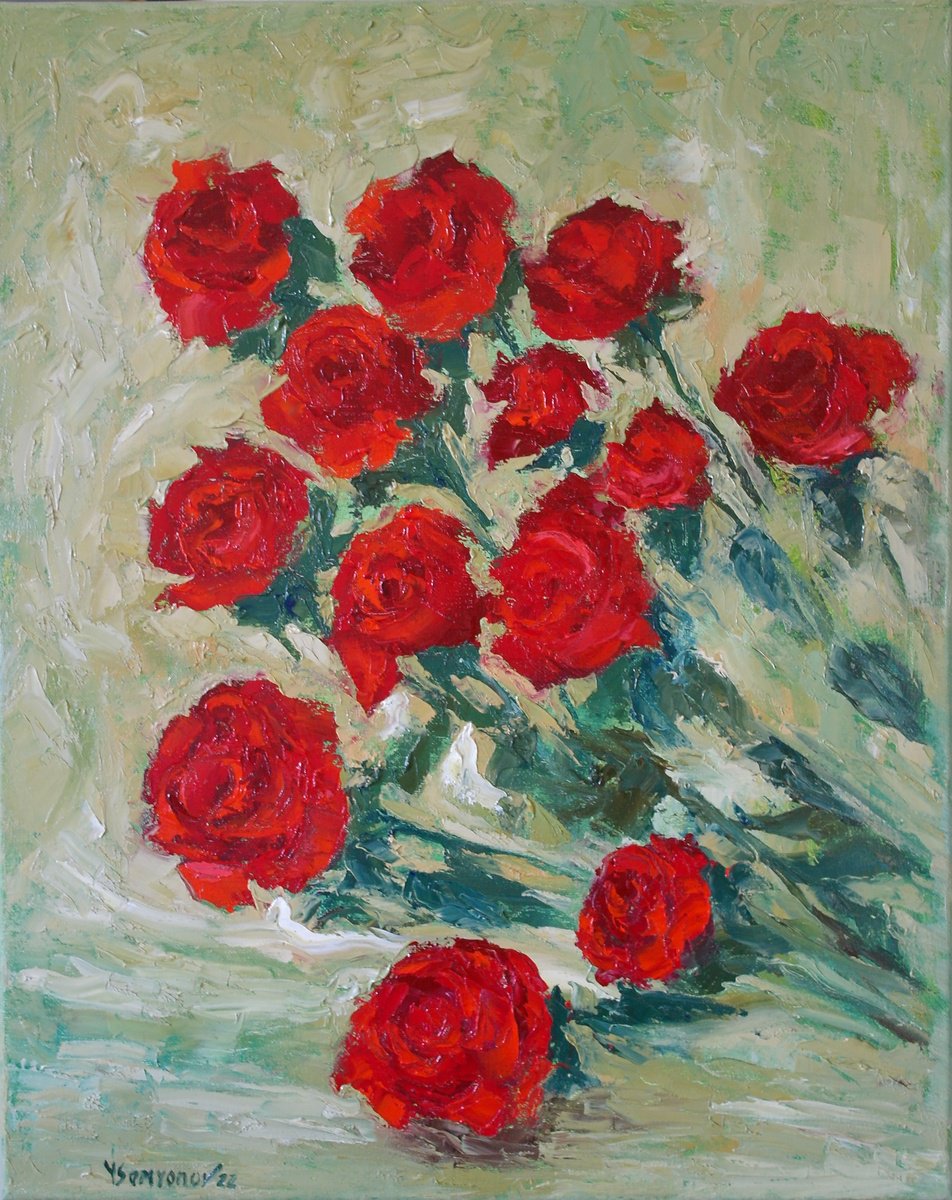 Expressive Botanical Oil Painting By Juri Semjonov, 16 X 20", Red Roses, Original Artwork