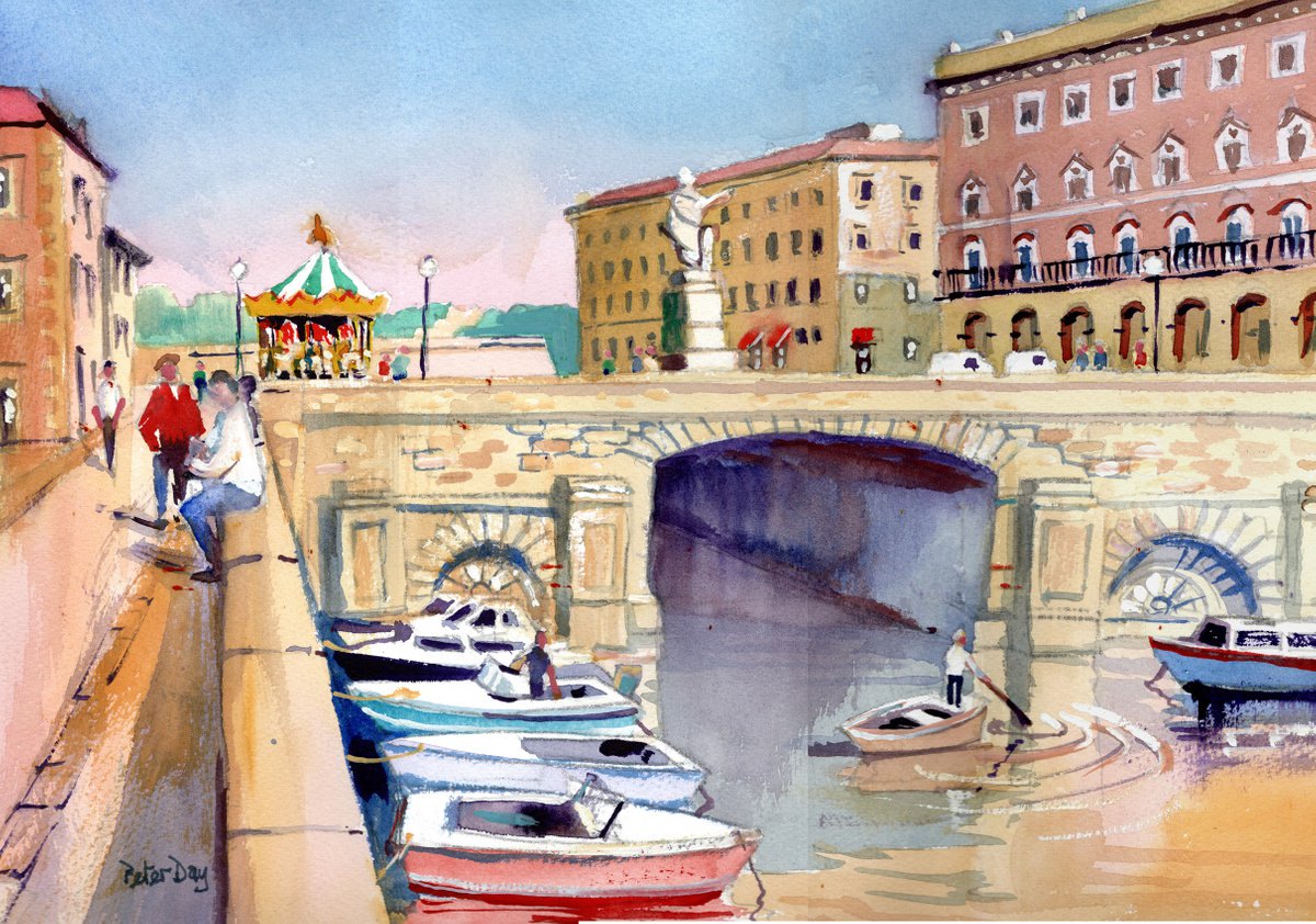 Impressionistic Cityscapes Watercolour By Peter Day, 17 X 13", Livorno Piazza Republica, Original Artwork