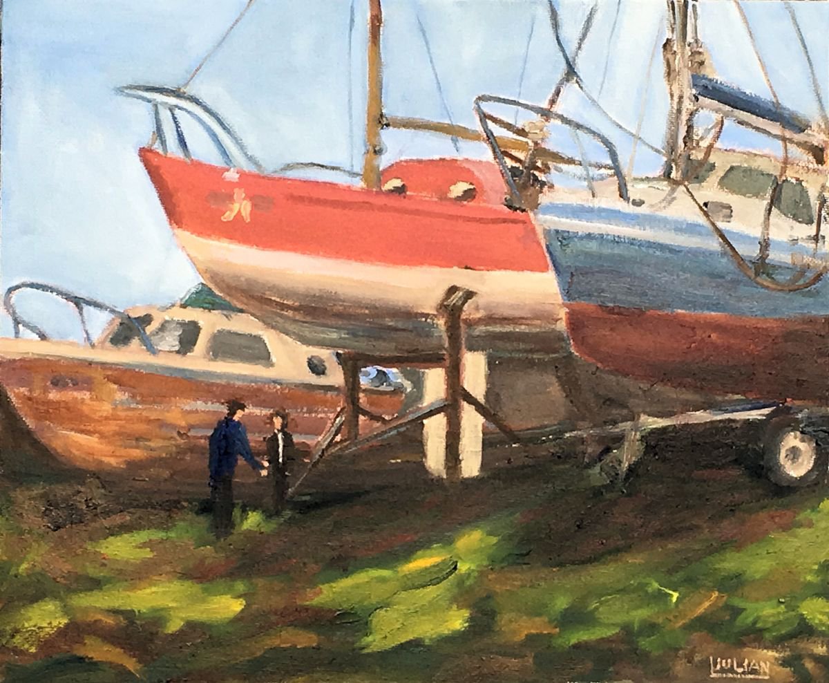 Meeting at the Boatyard - An original oil painting, Lovely Gift! by Julian Lovegrove Art