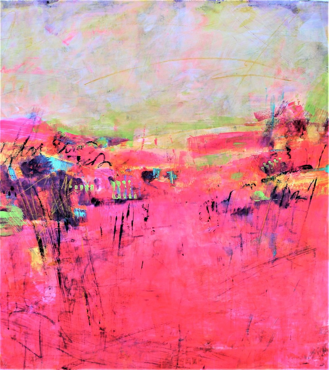 Abstract Landscape Acrylic Painting By Laura Spring, 31 X 36", Unapologetically Pink 2, Original Artwork
