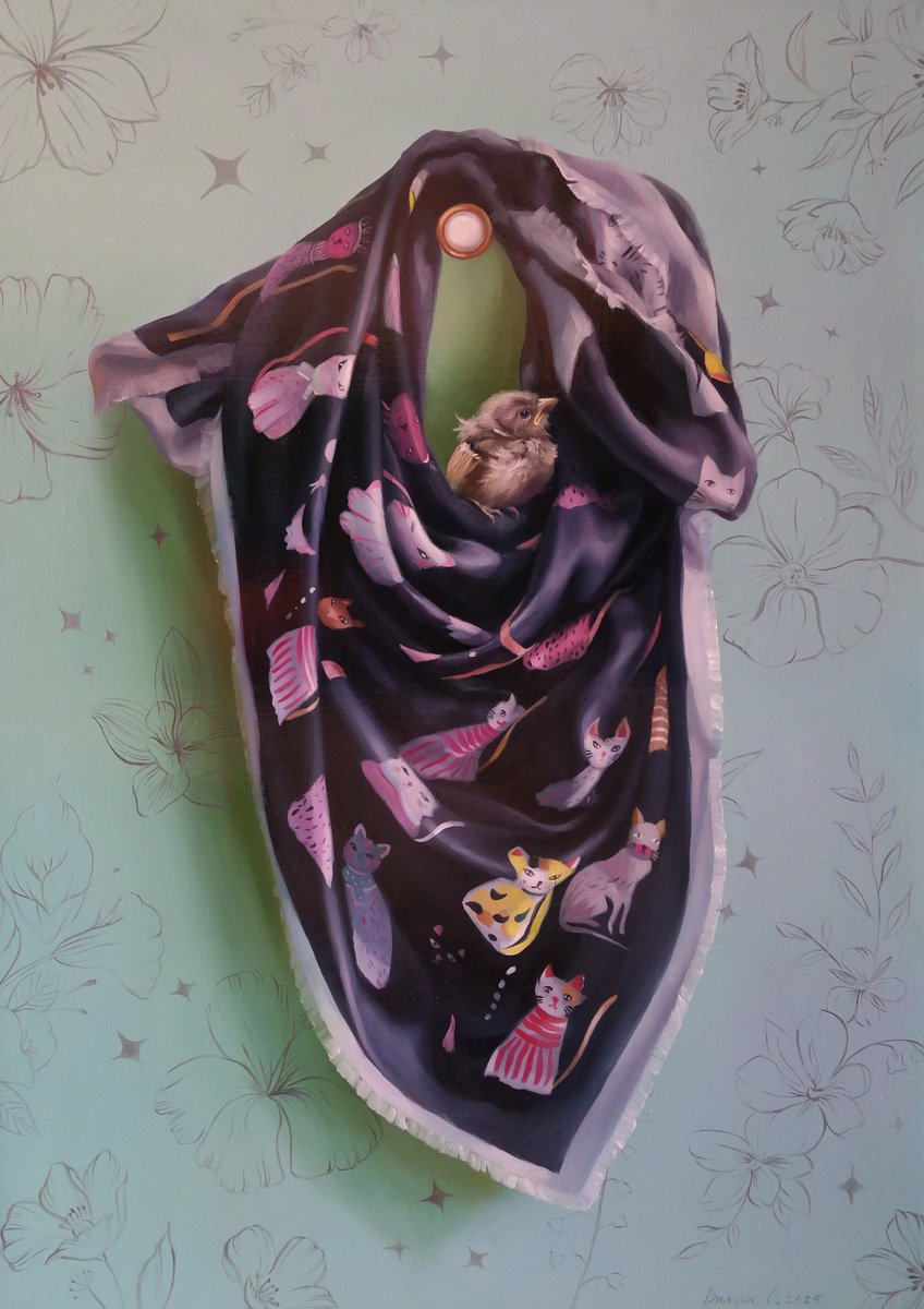 Illustrative Animal Oil Painting By Lena Vylusk, 20 X 28", "Shelter", Original Artwork