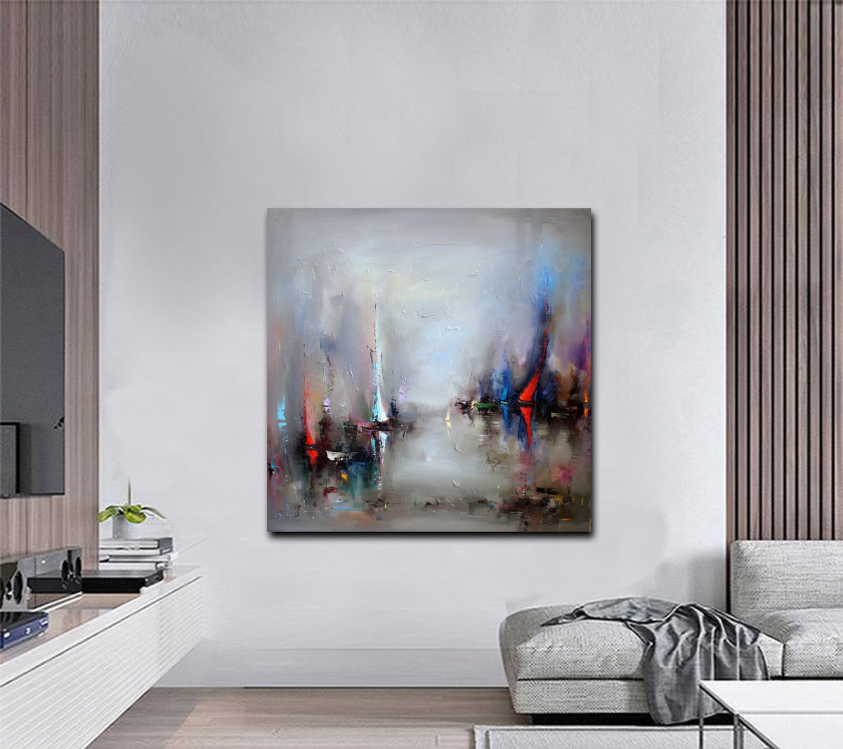 Expressive Landscape Oil Painting By Stanislav Lazarov, 55 X 55", Sea Silhouettes, Original Artwork