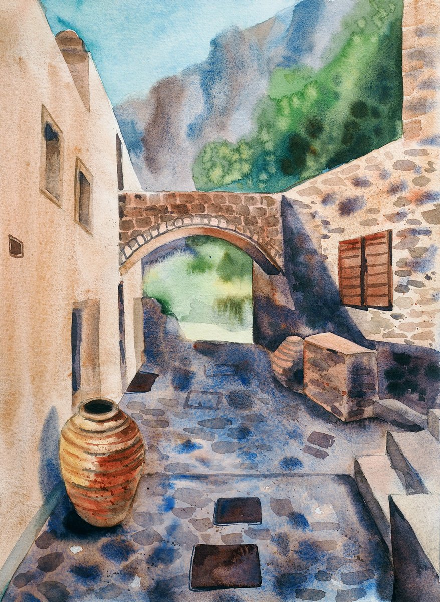 Impressionistic Cityscapes Watercolour By Delnara El, 12 X 16, Greek Street, Original Artwork