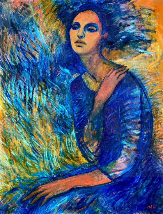 MOVING STILL - cerulean, ultramarine, indigo, yellow, ochre sitting woman figurative art