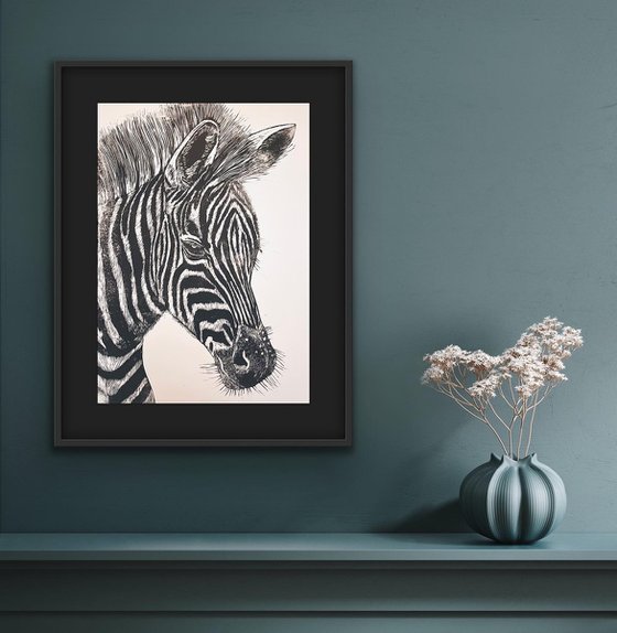 Zebra Linocut Framed
